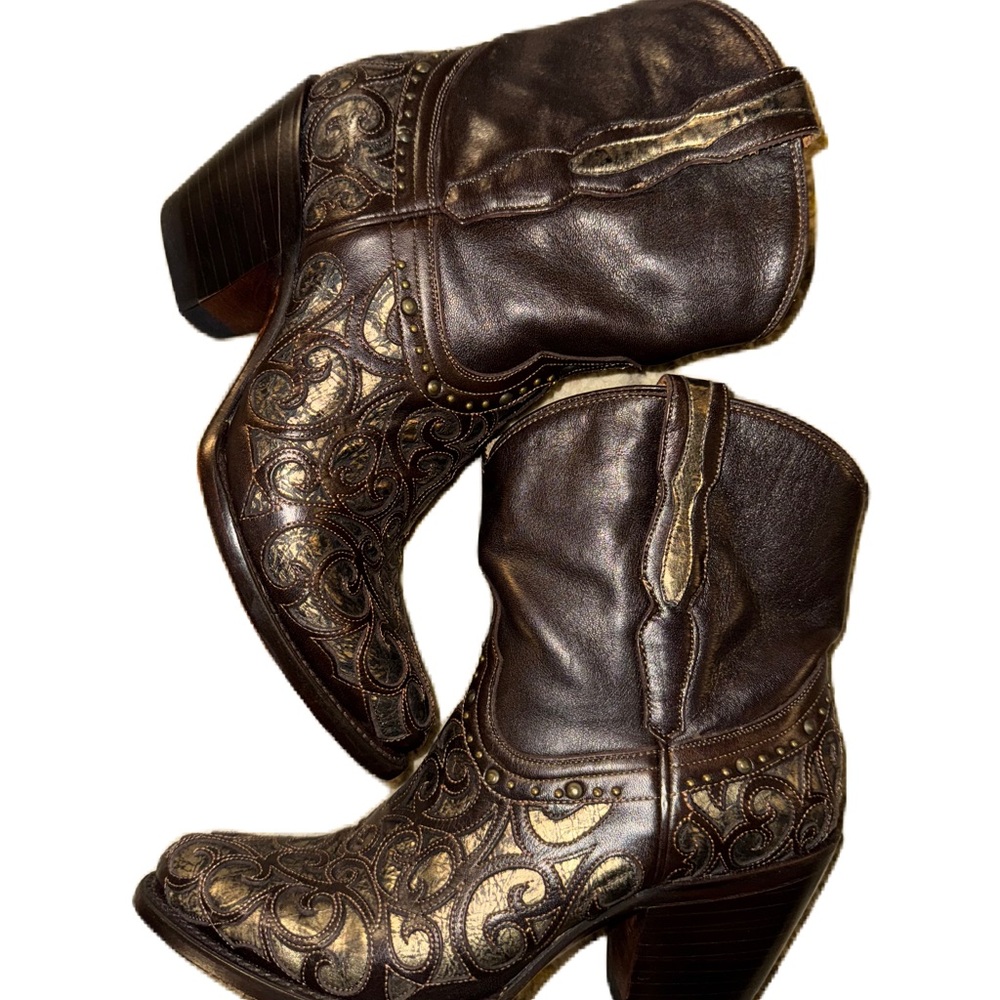 Lucchese Brown and Gold Heeled Boots with Intricate Embossed Design